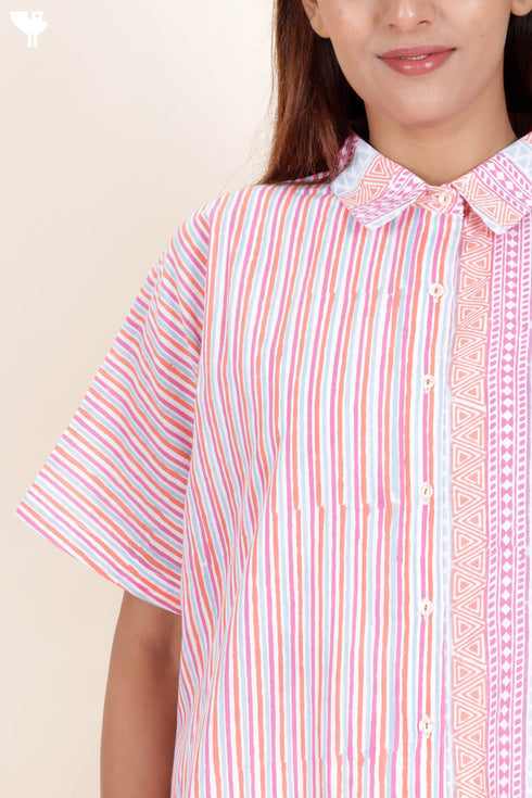 Cambric Cotton Boxy Shirt In Graphic Block Print